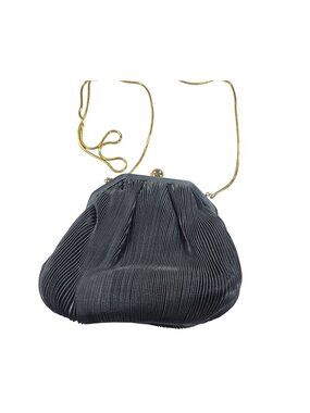 Vintage Vanessa Pleated Black Clutch Gold Chain Strap Ball Clasp Purse Evening